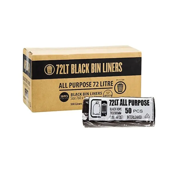 All Purpose 72Lt Black Bin Liners Rolls | 500 Bags