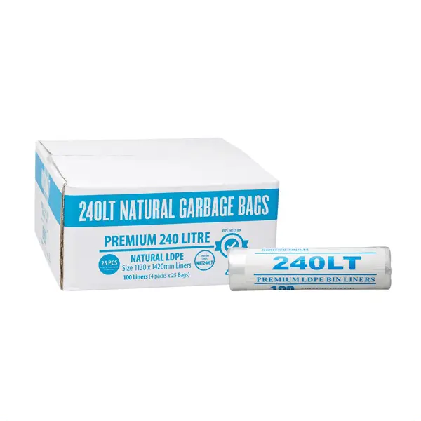 Premium Clear 240Lt Roll Rubbish Bin Liners | 100 Bags
