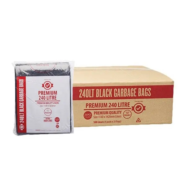 Premium Extra Heavy Duty 240Lt Black Bin Liners | 100 Bags